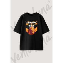 Swimmer Goggles Tasarım Baskılı Unisex Oversize Kalıp Siyah Tshirt