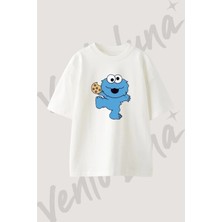 Cookie Monster Tasarım Baskılı Unisex Oversize Kalıp Beyaz Tshirt