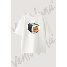 Sushi Tasarım Baskılı Unisex Oversize Kalıp Beyaz Tshirt