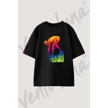 Swimmer Start Tasarım Baskılı Unisex Oversize Kalıp Siyah Tshirt