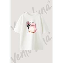 Pink Penguin Tasarım Baskılı Unisex Oversize Kalıp Beyaz Tshirt