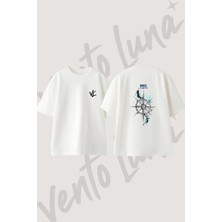 Pusula Gulu Tasarım Sırt Baskılı Pamuk Beyaz Oversize T-Shirt