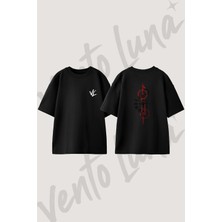 Pusula Saat Tasarım Sırt Baskılı Pamuk Siyah Oversize T-Shirt