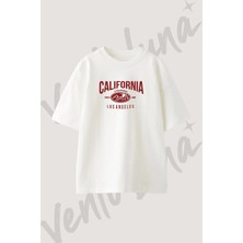 California Mountains Tasarım Baskılı Unisex Oversize Kalıp Beyaz Tshirt