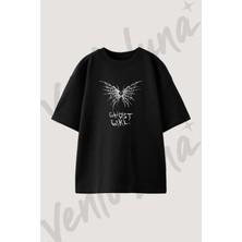 Ghost Girl Kelebek Tasarım Baskılı Unisex Oversize Kalıp Siyah Tshirt