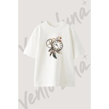 Steampunk Saat Tasarım Baskılı Unisex Oversize Kalıp Beyaz Tshirt
