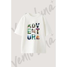 Camping Adventure Tasarım Baskılı Unisex Oversize Kalıp Beyaz Tshirt