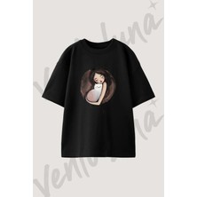 Girl Cat Cuddle Tasarım Baskılı Unisex Oversize Kalıp Siyah Tshirt
