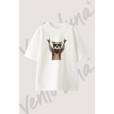 Rakun Rock Gozluk Tasarım Baskılı Unisex Oversize Kalıp Beyaz Tshirt