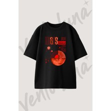 Mars Red Planet Tasarım Baskılı Unisex Oversize Kalıp Siyah Tshirt