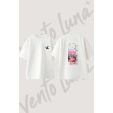 Pembe Dag Kelebek Tasarım Sırt Baskılı Pamuk Beyaz Oversize T-Shirt
