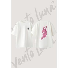 Pembe Kalpli Kaplan Tasarım Sırt Baskılı Pamuk Beyaz Oversize T-Shirt