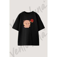 Ayicik Gul Tasarım Baskılı Unisex Oversize Kalıp Siyah Tshirt