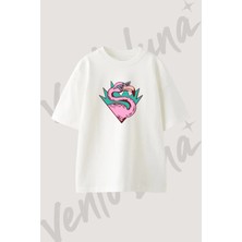 Retro Flamingo Tasarım Baskılı Unisex Oversize Kalıp Beyaz Tshirt