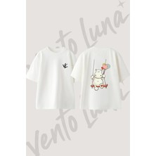 Hipopotam Salincak Tasarım Sırt Baskılı Pamuk Beyaz Oversize T-Shirt