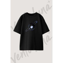 Uzay Kedi Tasarım Baskılı Unisex Oversize Kalıp Siyah Tshirt