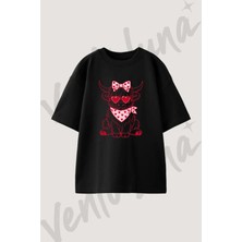 Valentine Highland Cow Tasarım Baskılı Unisex Oversize Kalıp Siyah Tshirt