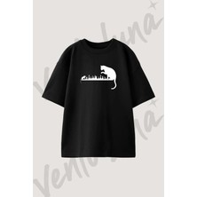 Cat Mouse Chess Tasarım Baskılı Unisex Oversize Kalıp Siyah Tshirt