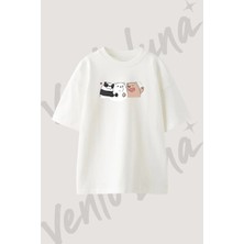 We Bare Bears Tasarım Baskılı Unisex Oversize Kalıp Beyaz Tshirt