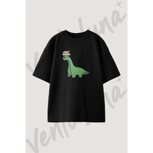 Dinosaur Books Tasarım Baskılı Unisex Oversize Kalıp Siyah Tshirt