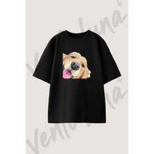 Golden Retriever Tasarım Baskılı Unisex Oversize Kalıp Siyah Tshirt