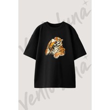 Tiger Beer Tasarım Baskılı Unisex Oversize Kalıp Siyah Tshirt