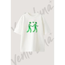 Green Couple Tasarım Baskılı Unisex Oversize Kalıp Beyaz Tshirt