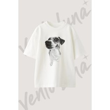 Dog Head Tasarım Baskılı Unisex Oversize Kalıp Beyaz Tshirt