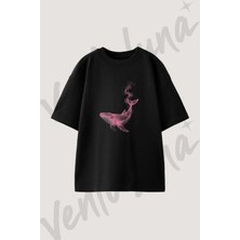 Smoke Whale Tasarım Baskılı Unisex Oversize Kalıp Siyah Tshirt