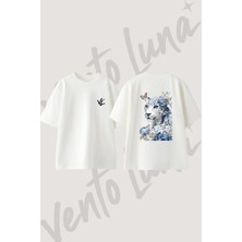 Mavi Cicekli Leopar Tasarım Sırt Baskılı Pamuk Beyaz Oversize T-Shirt
