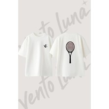 Tenis Raketi Tasarım Sırt Baskılı Pamuk Beyaz Oversize T-Shirt