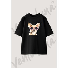 Chihuahua Pembe Gozluk Tasarım Baskılı Unisex Oversize Kalıp Siyah Tshirt