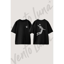Volleyball Player_1 Tasarım Sırt Baskılı Pamuk Siyah Oversize T-Shirt