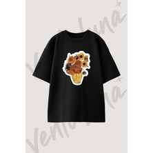 Van Gogh Sunflowers Tasarım Baskılı Unisex Oversize Kalıp Siyah Tshirt