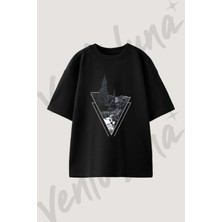 Geometric Forest Tasarım Baskılı Unisex Oversize Kalıp Siyah Tshirt