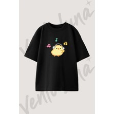 Chick Headphone Tasarım Baskılı Unisex Oversize Kalıp Siyah Tshirt