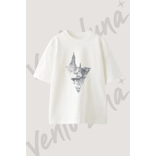 Geometric Forest Tasarım Baskılı Unisex Oversize Kalıp Beyaz Tshirt