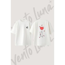 Kedi Kalp Gül Tasarım Sırt Baskılı Pamuk Beyaz Oversize T-Shirt