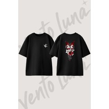 Kelebek Kalp Zambak Tasarım Sırt Baskılı Pamuk Siyah Oversize T-Shirt