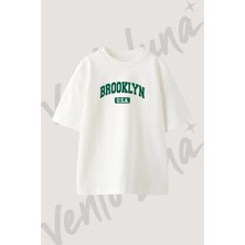 Brooklyn Usa Tasarım Baskılı Unisex Oversize Kalıp Beyaz Tshirt
