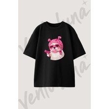 Pink Dog Gun Tasarım Baskılı Unisex Oversize Kalıp Siyah Tshirt