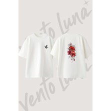 Kirmizi Gelincik Tasarım Sırt Baskılı Pamuk Beyaz Oversize T-Shirt