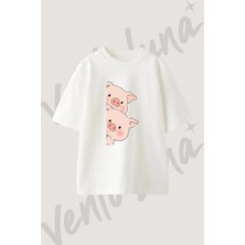 Cizgi Domuz Tasarım Baskılı Unisex Oversize Kalıp Beyaz Tshirt