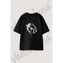 Koi Yin Yang Compass Tasarım Baskılı Unisex Oversize Kalıp Siyah Tshirt