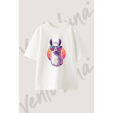 Lama Gozluk Tasarım Baskılı Unisex Oversize Kalıp Beyaz Tshirt