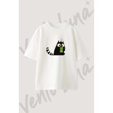 Grizzy Cat Tasarım Baskılı Unisex Oversize Kalıp Beyaz Tshirt