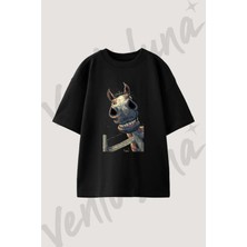 Komik At Tasarım Baskılı Unisex Oversize Kalıp Siyah Tshirt