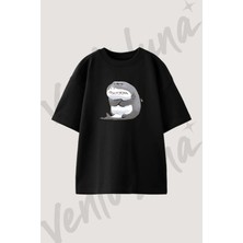 Cartoon Grumpy Shark Tasarım Baskılı Unisex Oversize Kalıp Siyah Tshirt