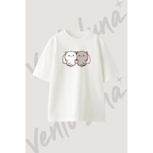 Peach Goma_3 Tasarım Baskılı Unisex Oversize Kalıp Beyaz Tshirt