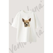 Chihuahua Smirk Tasarım Baskılı Unisex Oversize Kalıp Beyaz Tshirt